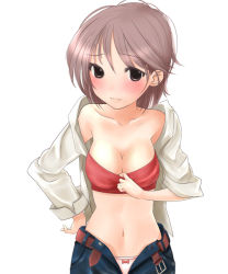 Rule 34 | 1girl, bad id, bad pixiv id, belt, black eyes, blush, bow, bow panties, breasts, buckle, cleavage, clothes pull, cowboy shot, denim, hand on own hip, head tilt, hip focus, jeans, kinugasa yuuichi, light brown hair, midriff, navel, open belt, original, panties, pants, shirt, shirt pull, simple background, small breasts, solo, strapless, tube top, unbuckled, unbuttoned, underwear, unzipped, white background