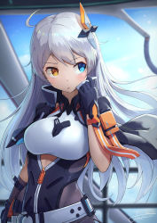 Rule 34 | 1girl, adjusting collar, ahoge, belt, blue eyes, blue sky, blurry, blurry background, blush, breasts, commentary request, cropped jacket, day, elbow gloves, floating hair, gloves, glowing, glowing eyes, hair between eyes, hair ornament, heterochromia, high collar, highres, honkai (series), interior, kiana kaslana, kiana kaslana (arc ranger), kiana kaslana (void drifter), long hair, looking away, medium breasts, open mouth, partial bodysuit, sidelocks, signature, silver hair, single elbow glove, sky, solo, very long hair, xfate, yellow eyes, zipper
