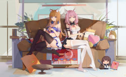 Rule 34 | 2girls, absurdres, ahoge, animal ear fluff, animal ear legwear, animal ears, bare shoulders, black legwear, blue eyes, breasts, brown hair, chinese commentary, cleavage, commentary request, copyright request, couch, crop top, crossed legs, dress, full body, garter straps, heart, heart ahoge, highres, indoors, lekou, long hair, looking at another, medium breasts, miniskirt, multiple girls, navel, no shoes, on couch, pink eyes, sitting, skirt, stomach, tail, thighhighs, very long hair, white legwear, white skirt, wristband