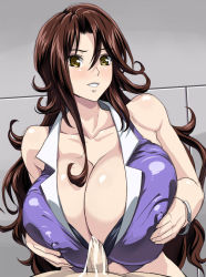 Rule 34 | 00s, 1girl, bracelet, breasts, brown hair, censored, cleavage, cum, cum on clothes, covered erect nipples, gundam, gundam 00, huge breasts, jewelry, kloah, long hair, paizuri, paizuri under clothes, penis, penis under another&#039;s clothes, pov, solo focus, sumeragi lee noriega, yellow eyes