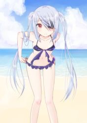Rule 34 | 10s, 1girl, adjusting clothes, adjusting swimsuit, bad id, bad pixiv id, bare shoulders, blush, chm (macharge), cloud, day, eyepatch, infinite stratos, laura bodewig, long hair, red eyes, silver hair, sky, solo, swimsuit, twintails, water