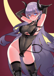 Rule 34 | 1girl, armpits, arms behind head, azur lane, bare shoulders, black footwear, black gloves, black leotard, black thighhighs, blue eyes, blunt bangs, boots, breasts, brown background, cleavage, closed mouth, clothing cutout, covered navel, demon horns, demon tail, elbow gloves, floating hair, glasses, gloves, gneisenau (azur lane), gneisenau (nightmarish succubus) (azur lane), halloween costume, highres, hm (hmongt), horns, large breasts, leotard, long hair, looking at viewer, pubic tattoo, purple hair, rectangular eyewear, red-framed eyewear, see-through, simple background, skindentation, smile, solo, standing, tail, tattoo, thigh boots, thighhighs, underboob, underboob cutout, unfinished, very long hair