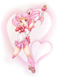 Rule 34 | 1990s (style), 1girl, :o, an mochigusa, arm up, bishoujo senshi sailor moon, boots, bow, chibi usa, child, cone hair bun, double bun, elbow gloves, full body, gloves, hair bun, hair ornament, hairpin, heart, knee boots, magical girl, microskirt, open mouth, pink eyes, pink footwear, pink hair, pink skirt, pink theme, pleated skirt, retro artstyle, ribbon, sailor chibi moon, short hair, skirt, solo, tiara, twintails, wand, white gloves