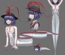 1girl black_hat breasts commentary fish fish_girl grey_background hat hat_ribbon highres monster_girl multiple_views nagae_iku oarfish purple_hair red_eyes red_ribbon ribbon short_hair simple_background there2007 touhou