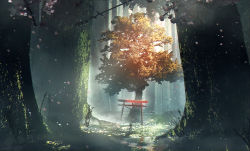 Rule 34 | 1other, commentary request, dappled sunlight, day, facing away, falling petals, fantasy, forest, light particles, light rays, moss, nature, original, partial commentary, petals, scenery, shizui fen, solo, standing, sunbeam, sunlight, torii, tree, wide shot