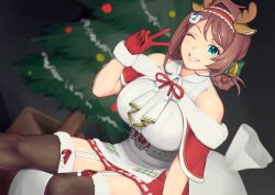 Rule 34 | 1girl, animal ears, antlers, aqua eyes, braid, braided hair rings, breasts, brown hair, brown thighhighs, capelet, chougei (kancolle), christmas, deer ears, fake animal ears, fake antlers, fur-trimmed capelet, fur-trimmed gloves, fur trim, garter straps, gloves, hair ornament, hair rings, hairband, hairclip, highres, horns, kantai collection, kuroi ani, large breasts, long hair, miniskirt, official alternate costume, one eye closed, pleated skirt, red capelet, red gloves, red hairband, red skirt, reindeer antlers, sitting, skirt, solo, thighhighs, twin braids, whale hair ornament
