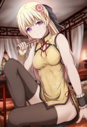 Rule 34 | 1girl, arm support, bad id, bad twitter id, bang dream!, bare arms, bare shoulders, bead bracelet, beads, black bow, black thighhighs, blonde hair, blurry, blurry background, bow, bracelet, breasts, china dress, chinese clothes, closed mouth, commentary request, curtains, depth of field, dress, earrings, flower, folded fan, folding fan, frilled cuffs, garter straps, hair bow, hair flower, hair ornament, half updo, hand fan, hand up, highres, holding, holding fan, indoors, jewelry, knee up, lamp, long hair, looking at viewer, medium breasts, nail polish, narafume, neck ribbon, pelvic curtain, purple eyes, red ribbon, ribbon, shirasagi chisato, side slit, sidelocks, sitting, sleeveless, sleeveless dress, smile, solo, taut clothes, thighhighs, thighs, window, wrist cuffs, wristband, yellow dress, yellow nails