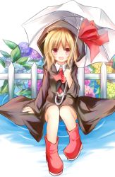 Rule 34 | 1girl, ascot, blonde hair, boots, fang, female focus, fence, flower, hood, hydrangea, open mouth, raincoat, red eyes, red footwear, ribbon, rubber boots, rumia, shirt, short hair, sitting, skirt, smile, solo, touhou, umbrella, vest, yuuhagi (amaretto-no-natsu)