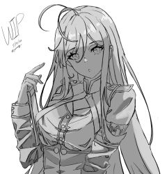 Rule 34 | 1girl, 86 -eightysix-, :o, ahoge, breasts, dated, greyscale, hair behind ear, head tilt, high-waist skirt, highres, holding, jacket, jannong, looking at viewer, medium breasts, monochrome, open mouth, skirt, solo, unfinished, vladilena millize, white background