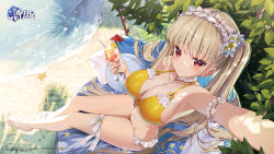 Rule 34 | 1girl, absurdres, arm garter, azur lane, beach, bikini, blonde hair, breasts, cleavage, cocktail glass, collarbone, commentary, copyright name, cup, day, drinking glass, drinking straw, english commentary, flower, formidable (azur lane), frilled bikini, frilled hairband, frills, from above, hair flower, hair ornament, hairband, highres, holding, holding cup, jewelry, large breasts, long hair, looking at viewer, looking up, navel, necklace, official art, outdoors, outstretched arm, red eyes, rosuuri, sand, sandals, sitting, solo, swimsuit, thigh strap, twintails, very long hair, water, white flower, white footwear, yellow bikini