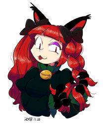 Rule 34 | 1girl, :3, :p, adjusting hair, alternate hairstyle, animal ears, bell, black bow, blunt bangs, bow, braid, breasts, cat ears, claws, cropped torso, dated, dress, eyeshadow, fang, fang out, frills, furukawa (yomawari), green dress, hair bow, half-closed eye, jingle bell, juliet sleeves, kaenbyou rin, long sleeves, looking at viewer, makeup, medium breasts, neck bell, puffy sleeves, purple eyeshadow, simple background, single braid, solo, tongue, tongue out, touhou, twintails, uneven eyes, upper body, white background
