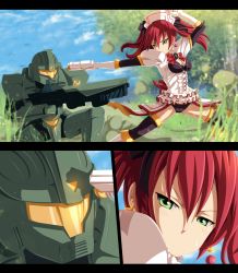 Rule 34 | 10s, 1girl, armor, blush, bow, breasts, cave (neptunia), cleavage, comic, earrings, fighting stance, gloves, grass, green eyes, gun, hair ornament, highres, jewelry, neptune (series), planeptune, power armor, red hair, rifle, short hair, sweatdrop, tree, twintails, weapon