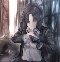 Rule 34 | 1girl, absurdres, aiming, angelia (girls&#039; frontline), black hair, black jacket, breasts, brown eyes, collared shirt, commentary request, expressionless, girls&#039; frontline, gun, hair over one eye, handgun, highres, holding, holding gun, holding weapon, jacket, long hair, long sleeves, looking at viewer, martinreaction, mechanical arms, medium hair, open clothes, open jacket, outdoors, parted lips, shirt, sidelocks, single mechanical arm, solo, upper body, weapon, white shirt