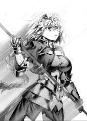 Rule 34 | 1girl, armor, armored dress, braid, breasts, capelet, commentary request, fate/apocrypha, fate/grand order, fate (series), faulds, gauntlets, greyscale, headpiece, ishida akira, jeanne d&#039;arc (fate), jeanne d&#039;arc (ruler) (fate), large breasts, long hair, monochrome, polearm, revision, single braid, solo, weapon