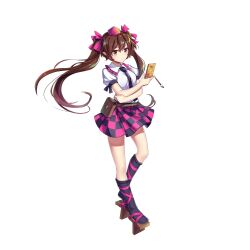 Rule 34 | 1girl, bag, black footwear, black necktie, black skirt, brown eyes, brown footwear, brown hair, cellphone, checkered clothes, checkered skirt, closed mouth, full body, game cg, geta, hair ribbon, highres, himekaidou hatate, holding, holding phone, long hair, looking at viewer, necktie, paintbrush, phone, pink headwear, pink ribbon, pink skirt, ribbon, rotte (1109), shirt, short sleeves, simple background, skirt, solo, third-party source, touhou, touhou lostword, twintails, white background, white shirt