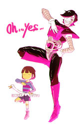 Rule 34 | 1boy, = =, androgynous, android, bad id, bad pixiv id, bandages, black hair, brown hair, colored skin, english text, frisk (undertale), full body, gloves, grin, hair over one eye, hand on own chest, hscatter, leg up, looking at viewer, mettaton, mettaton ex, pink eyes, shirt, simple background, smile, standing, standing on one leg, striped clothes, striped shirt, tutu, undertale, white background, white gloves, yellow skin