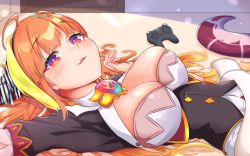 Rule 34 | 1girl, blonde hair, breasts, cleavage, dragon tail, fang, highres, hololive, horns, kiryu coco, kiryu coco (1st costume), large breasts, long hair, looking at viewer, lying, multicolored hair, on back, orange hair, parted lips, red eyes, sakuramochi (sakura frappe), skin fang, solo, tail, virtual youtuber