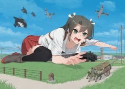 Rule 34 | 1girl, 3boys, breasts, downblouse, enemy aircraft (kancolle), giant, giantess, green eyes, grey hair, kantai collection, ki-61 hien, locomotive, long hair, looking at viewer, multiple boys, nipples, no bra, okubyouha55, open mouth, outdoors, powerlines, protecting, rudder footwear, size difference, small breasts, soldier, solo focus, thighhighs, train, twintails, wardrobe malfunction, zuikaku (kancolle)