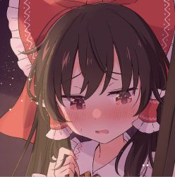 Rule 34 | 1girl, blush, bow, brown hair, commentary request, embarrassed, frilled bow, frilled shirt, frills, hair between eyes, hair bow, hair tubes, hakurei reimu, haruki reimari, highres, holding hands, light particles, long hair, looking down, open mouth, portrait, red bow, red eyes, red shirt, shirt, solo, sweatdrop, touhou, wavy mouth