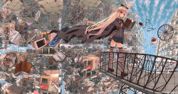 Rule 34 | 1girl, abstract, artist name, blonde hair, blue eyes, book, bow, building, cape, cardigan, cloud, coffee, cup, digital media player, earbuds, earphones, hair bow, john hathway, long hair, looking at viewer, looking back, original, plaid, plaid skirt, railing, rooftop, scenery, school uniform, sign, skirt, sky, solo, stairs, striped clothes, striped thighhighs, television, thighhighs, watermark, wheel, wind