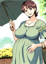 Rule 34 | 1girl, bag, blush, breasts, brown eyes, brown hair, cirima, curvy, dress, happy, harukaze haruka, jewelry, large breasts, looking at viewer, maternity dress, mature female, ojamajo doremi, open mouth, outdoors, pregnant, ring, short hair, smile, solo, toei animation, umbrella, volvox, wedding ring