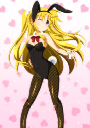 Rule 34 | 1girl, alicia testarossa, animal ears, blonde hair, covered navel, detached collar, fake animal ears, fishnet pantyhose, fishnets, gradient background, heart, heart background, highres, ka2, leotard, long hair, lyrical nanoha, mahou shoujo lyrical nanoha, mahou shoujo lyrical nanoha innocent, one eye closed, pantyhose, playboy bunny, rabbit ears, rabbit tail, red eyes, smile, solo, tail, twintails, two side up, wink, wrist cuffs