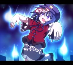 Rule 34 | 1girl, blue eyes, blue hair, do (4-rt), drooling, female focus, hat, hitodama, jiangshi, matching hair/eyes, miyako yoshika, ofuda, open mouth, outstretched arms, short hair, skirt, smile, solo, star (symbol), tombstone, touhou, zombie pose