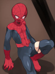 Rule 34 | 1boy, bodysuit, boots, bulge, coin rand, covered erect nipples, erection, erection under clothes, gloves, male focus, marvel, mask, solo, spider-man, spread legs, sweat, torn clothes