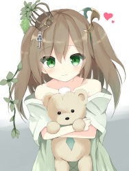 Rule 34 | 1girl, brown hair, character request, closed mouth, collarbone, commentary request, crown, damaged, dress, food, fruit, grapes, green dress, green eyes, hair between eyes, heart, highres, key, light smile, long hair, looking at viewer, mini crown, mizu (lzzrwi603), hugging object, shadowverse, solo, stuffed animal, stuffed toy, teddy bear, tilted headwear, two side up, upper body
