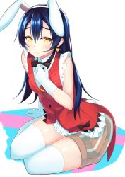 Rule 34 | 10s, 1girl, animal ears, arm support, blue hair, bow, bowtie, earrings, fake animal ears, gloves, hand on own chest, jewelry, korekara no someday, leaning forward, long hair, looking at viewer, love live!, love live! school idol project, ponkotsu (ayarosu), rabbit ears, sitting, skirt, sleeveless, solo, sonoda umi, thighhighs, transparent background, white background, white thighhighs, yellow eyes, yokozuwari