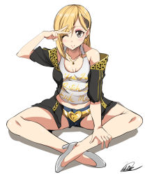Rule 34 | 10s, 1girl, ;), artist name, blonde hair, blush, breasts, clothes writing, cursive, earrings, fujimoto rina, full body, heart, idolmaster, idolmaster cinderella girls, indian style, jewelry, long hair, meme attire, multicolored hair, murasame nohito, necklace, no socks, o-ring, o-ring top, one eye closed, profanity, shoes, short shorts, shorts, signature, simple background, sitting, small breasts, smile, solo, two-tone hair, v over eye, white background