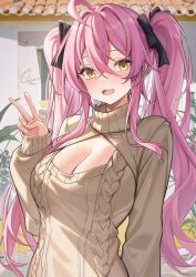 Rule 34 | 1girl, ahoge, blush, breasts, catsmoon, cleavage, cleavage cutout, clothing cutout, dress, hair between eyes, hair ornament, hair ribbon, highres, large breasts, long hair, looking at viewer, meme attire, open-chest sweater, open mouth, original, pink hair, ribbon, smile, solo, sweater, sweater dress, turtleneck, turtleneck sweater, twintails, v, yellow eyes