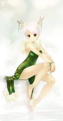 Rule 34 | 1girl, backless dress, backless outfit, bare legs, barefoot, dress, face, feet, green eyes, horns, meago, original, pink hair, ribbon, signature, sitting, solo, strapless, strapless dress, wrist ribbon