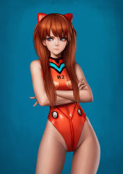 Rule 34 | 1girl, adapted costume, blue background, blue eyes, breasts, brown hair, closed mouth, commentary request, covered navel, cowboy shot, crossed arms, female focus, groin, halterneck, highleg, highres, jungon kim, leotard, lips, long hair, looking to the side, medium breasts, groin, narrow waist, neon genesis evangelion, one-piece swimsuit, orange hair, orange one-piece swimsuit, plugsuit, red one-piece swimsuit, simple background, skinny, solo, souryuu asuka langley, standing, swimsuit, thigh gap, thighs, tsundere, two side up, v, v-shaped eyebrows, wide hips