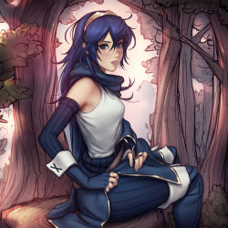 Rule 34 | 1girl, blue eyes, blue hair, blush, boots, breasts, cape, elbow gloves, fingerless gloves, fire emblem, fire emblem awakening, forest, gloves, knee boots, long hair, looking at viewer, lucina (fire emblem), matching hair/eyes, nature, nintendo, parted lips, scarf, sitting, small breasts, solo, tiara, tree, tsuaii, undershirt, undressing, wrist cuffs