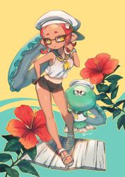 Rule 34 | 1girl, animal, bad id, bad pixiv id, bare arms, bare shoulders, black-framed eyewear, black sailor collar, black shorts, clothed animal, collarbone, commentary request, crop top, dolphin shorts, flat cap, flower, glasses, hand on own hip, hat, highres, hiking sandals, innertube, looking at viewer, micro shorts, midriff, navel, neckerchief, nintendo, octoling, octoling girl, octoling player character, octopus, parted lips, red flower, red hair, sailor collar, sandals, school uniform, serafuku, shirt, short shorts, shorts, sleeveless, sleeveless shirt, solo, splatoon (series), splatoon 1, standing, sweat, swim ring, tan, tentacle hair, white footwear, white hat, white shirt, yellow eyes, yellow neckerchief, yu-ri (arium047)