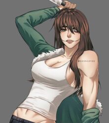 Rule 34 | 1girl, breasts, brown hair, clockwork (creepypasta), creepypasta, ddongkyoo, green eyes, grey background, highres, holding, holding knife, knife, lips, long hair, muscular, muscular female, sideboob, simple background, solo, stitches, tank top, watermark, white tank top