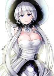 Rule 34 | 1girl, azur lane, bare shoulders, blue eyes, blunt bangs, breasts, cleavage, cowboy shot, dress, elbow gloves, gloves, hair ornament, hat, highres, illustrious (azur lane), large breasts, long hair, looking at viewer, low twintails, mole, mole under eye, one-hour drawing challenge, parted lips, smile, solo, twintails, very long hair, white dress, white gloves, white hair, y2