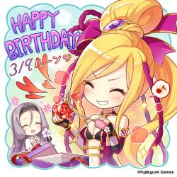 Rule 34 | 2girls, artist request, blonde hair, blush, bow, breasts, chibi, cleavage, company name, closed eyes, fingerless gloves, flower, gift, gloves, grin, hair between eyes, hair flower, hair ornament, hairband, happy birthday, heart, highres, jewelry, long hair, luin (phantom of the kill), multiple girls, official art, open mouth, own hands clasped, own hands together, perfume (band), phantom of the kill, ponytail, purple bow, rhongomyniad (phantom of the kill), silver hair, smile, sparkle