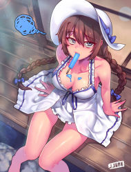 Rule 34 | 1girl, bare arms, bare legs, bare shoulders, barefoot, blue eyes, braid, breasts, brown hair, cleavage, collarbone, downblouse, dress, dripping, female focus, food, food in mouth, from above, grey eyes, hair between eyes, hat, jjune, large breasts, long hair, looking at viewer, mouth hold, no bra, open door, original, popsicle, sitting, sleeveless, sleeveless dress, solo, spilling, squiggle, sundress, sweat, tatami, twin braids, veranda, very long hair, white dress