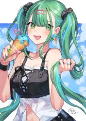 Rule 34 | 1girl, bare shoulders, blue hair, breasts, commentary request, crop top, food, green eyes, green hair, green nails, hair ornament, hair scrunchie, hairclip, highres, holding, holding food, ice cream, jewelry, long hair, looking at viewer, medium breasts, multicolored hair, multiple rings, nail polish, open mouth, original, partially unbuttoned, ring, scrunchie, shinishi chiho, shirt, simple background, sleeveless, sleeveless shirt, smile, solo, twintails, two-tone hair