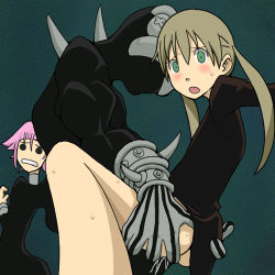 Rule 34 | 00s, 1girl, androgynous, ass, ass grab, bald, black dress, black eyes, black skin, blonde hair, blush, bottomless, cl-55, coat, colored skin, crona (soul eater), dark skin, dress, erection, faceless, gauntlets, gloves, green eyes, long hair, lowres, maka albarn, muscular, no panties, open mouth, penis, pink hair, pussy, ragnarok (demon sword), sex, short hair, soul eater, spikes, striped clothes, striped gloves, sweat, sweatdrop, twintails, vaginal, x x