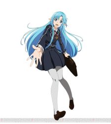 Rule 34 | 10s, 1girl, asuna (sao), asuna (sao-alo), blue eyes, blue hair, full body, grey hair, holding, long hair, matching hair/eyes, open mouth, pantyhose, pointy ears, school uniform, simple background, solo, sword art online, sword art online: code register, watermark, white background