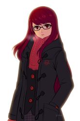 Rule 34 | 1girl, absurdres, black coat, breath, coat, glasses, hand in pocket, highres, long hair, looking at viewer, persona, persona 5, persona 5 the royal, rectangular eyewear, red eyes, red hair, red scarf, scarf, school uniform, shuujin academy school uniform, smgold, solo, white background, yoshizawa kasumi