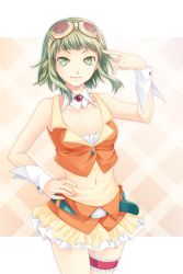 Rule 34 | 1girl, breasts, cleavage, female focus, goggles, goggles on head, gradient background, green eyes, green hair, gumi, highres, jyuru, matching hair/eyes, navel, skirt, smile, solo, vocaloid, wrist cuffs