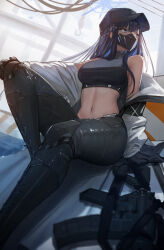 Rule 34 | 1girl, absurdres, assault rifle, bare shoulders, baseball cap, black gloves, black hair, black pants, blue archive, blue eyes, blue hair, blurry, breasts, colored inner hair, commentary, crop top, depth of field, ganet p, gloves, gun, halo, hand on own knee, hat, highres, jacket, large breasts, long hair, mask, midriff, mouth mask, multicolored hair, navel, off shoulder, pants, rifle, saori (blue archive), sitting, solo, stomach, strap, two-tone hair, weapon, white jacket