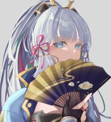 Rule 34 | 1girl, absurdres, ayaka (genshin impact), blue eyes, blue hair, breasts, cleavage, covered mouth, genshin impact, grey background, hand fan, highres, holding, holding fan, long hair, looking at viewer, ponytail, popped collar, portrait, solo, suzu (user kdex8732)