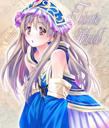 Rule 34 | 1girl, :o, atelier (series), atelier totori, bare shoulders, blue dress, blush, brown background, character name, dress, female focus, frills, hairband, lolita hairband, long hair, looking at viewer, parted lips, sitting, solo, sumegari hamao, sumeragi hamao, tareme, totooria helmold