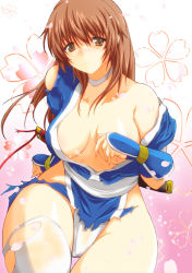 Rule 34 | 1girl, blush, breasts, brown eyes, brown hair, choker, curvy, dead or alive, kasumi (doa), kettsu, large breasts, long hair, looking at viewer, off shoulder, open clothes, parted lips, sheath, sheathed, single thighhigh, solo, sword, thick thighs, thigh gap, thighhighs, thighs, torn clothes, torn thighhighs, weapon, white thighhighs, wide hips