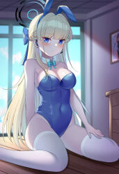 Rule 34 | 1girl, absurdres, animal ears, bare shoulders, blonde hair, blue archive, blue bow, blue eyes, blue leotard, blush, bow, bowtie, braid, breasts, cleavage, commentary, covered navel, day, detached collar, earrings, fake animal ears, hair bow, halo, highres, hip focus, indoors, jewelry, kensei (ciid), legs apart, leotard, long hair, looking at viewer, medium breasts, microphone, on floor, rabbit ears, sitting, skin tight, skindentation, solo, thighhighs, toki (blue archive), toki (bunny) (blue archive), very long hair